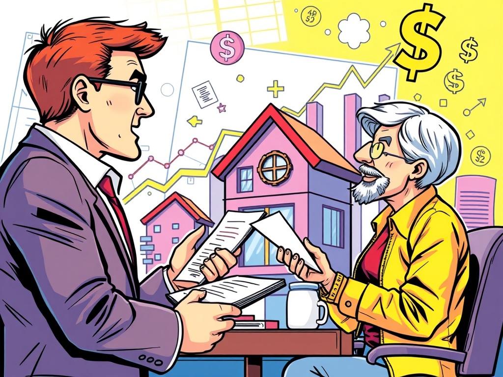 A dynamic comic-style illustration of a consultant discussing revenue strategies with a property owner. The background features charts and financial symbols, representing growth and success. The color scheme is vibrant and engaging, prominently using the primary color rgb(205, 48, 52).