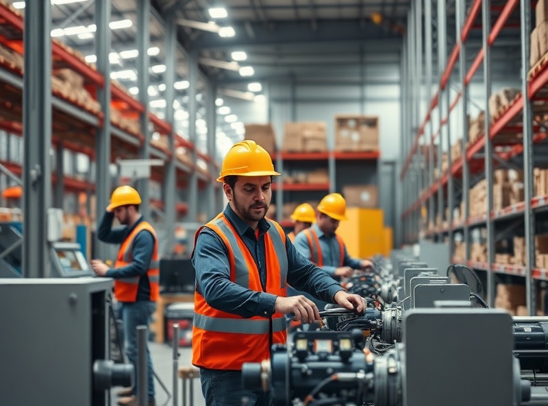 Industrial warehouse with workers operating machinery