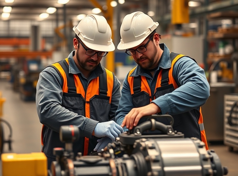 Industrial workers assembling equipment with safety gear