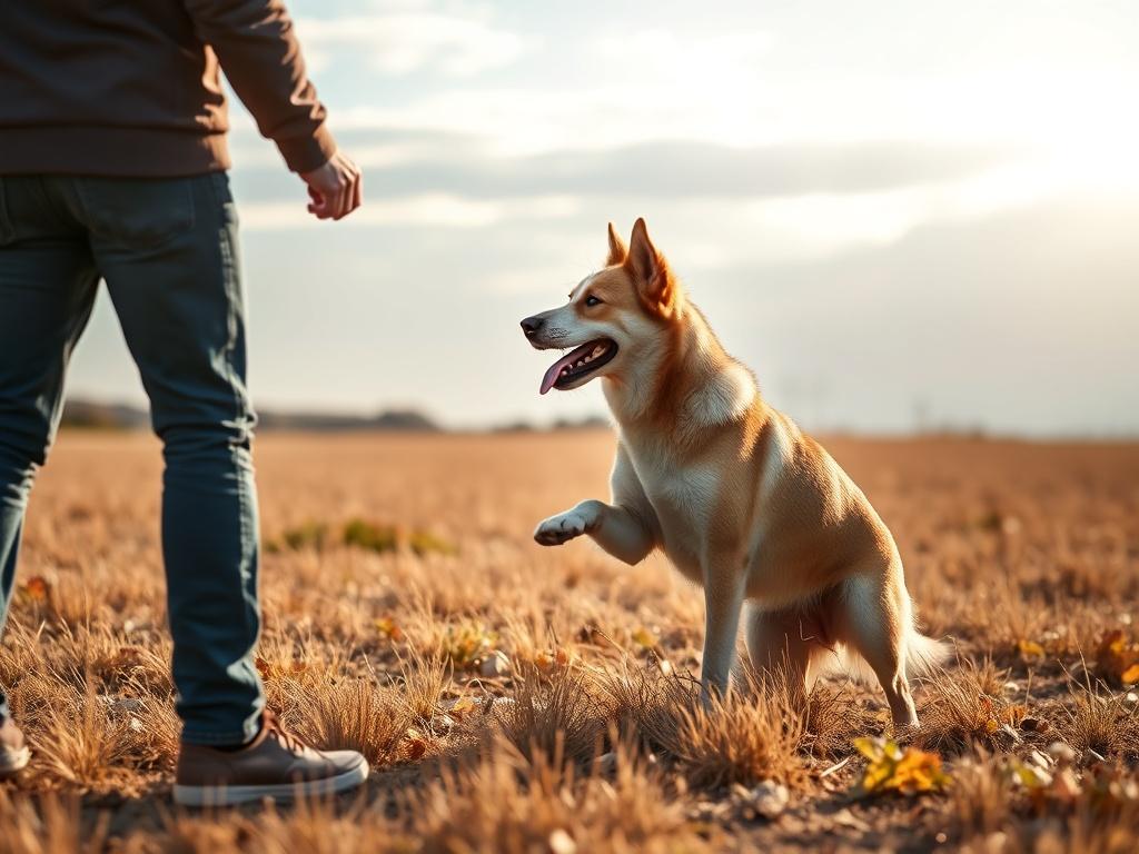A well-trained dog performing advanced commands in an open field, with the owner nearby, showcasing a trusting and confident relationship. The scene should reflect a vibrant and engaging atmosphere, highlighting the success of obedience training.