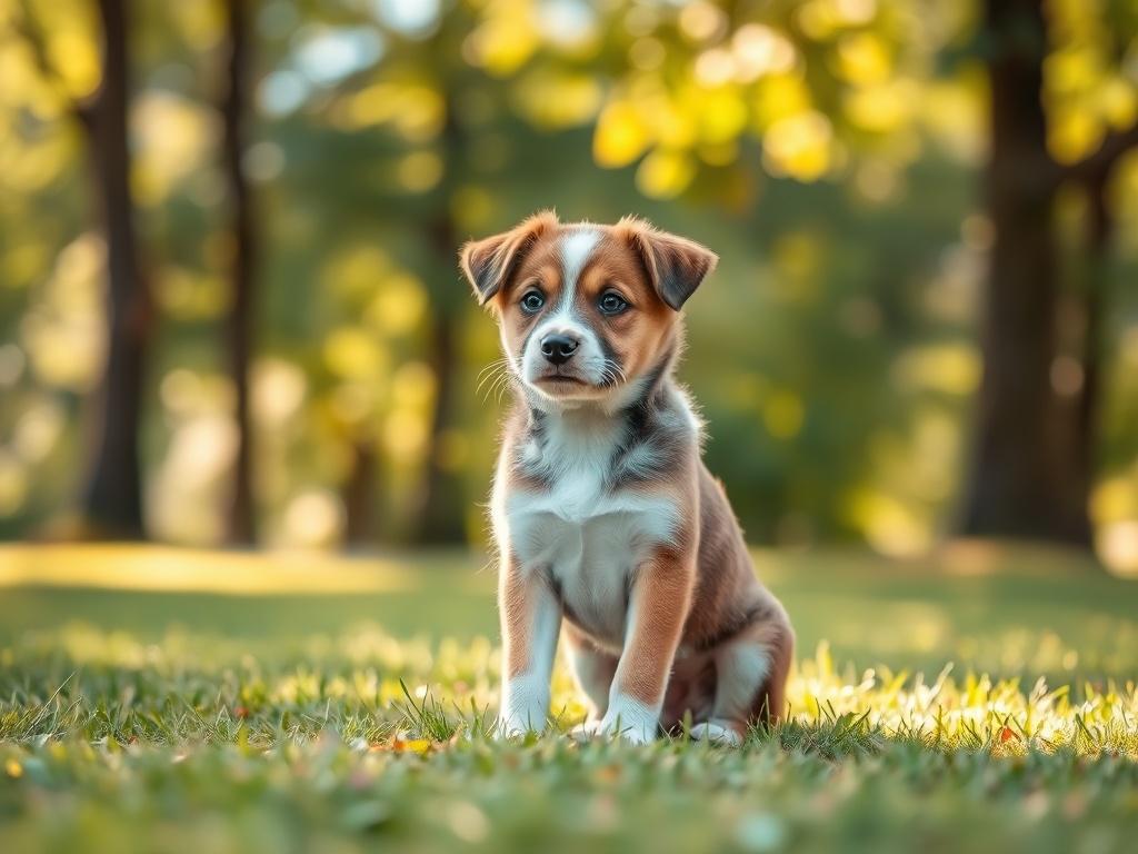 A cute puppy sitting attentively on a soft grassy area, with a gentle background of blurred trees and sunlight filtering through leaves. The puppy should appear engaged and happy, showcasing a positive training environment.