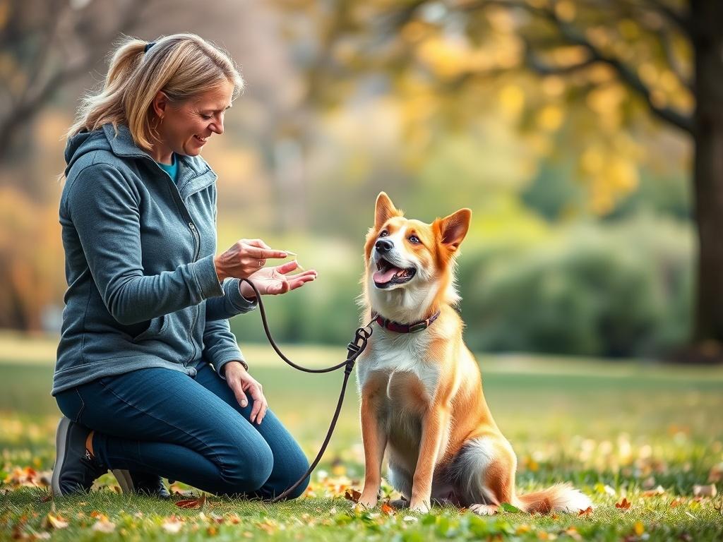 An attentive dog sitting next to a happy trainer in a calm outdoor setting, surrounded by a peaceful environment. The trainer should be demonstrating a positive behavior modification technique with a gentle and encouraging demeanor.