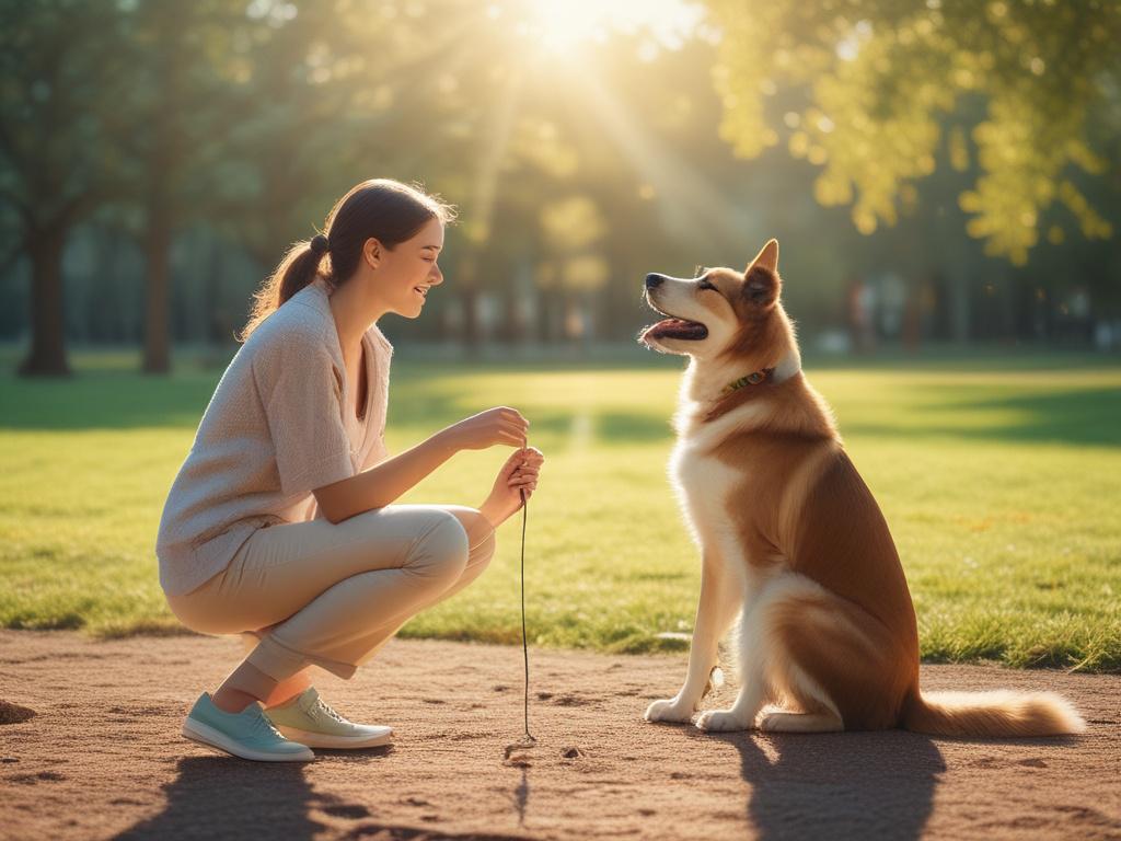 A peaceful outdoor scene showing a trainer kneeling beside a