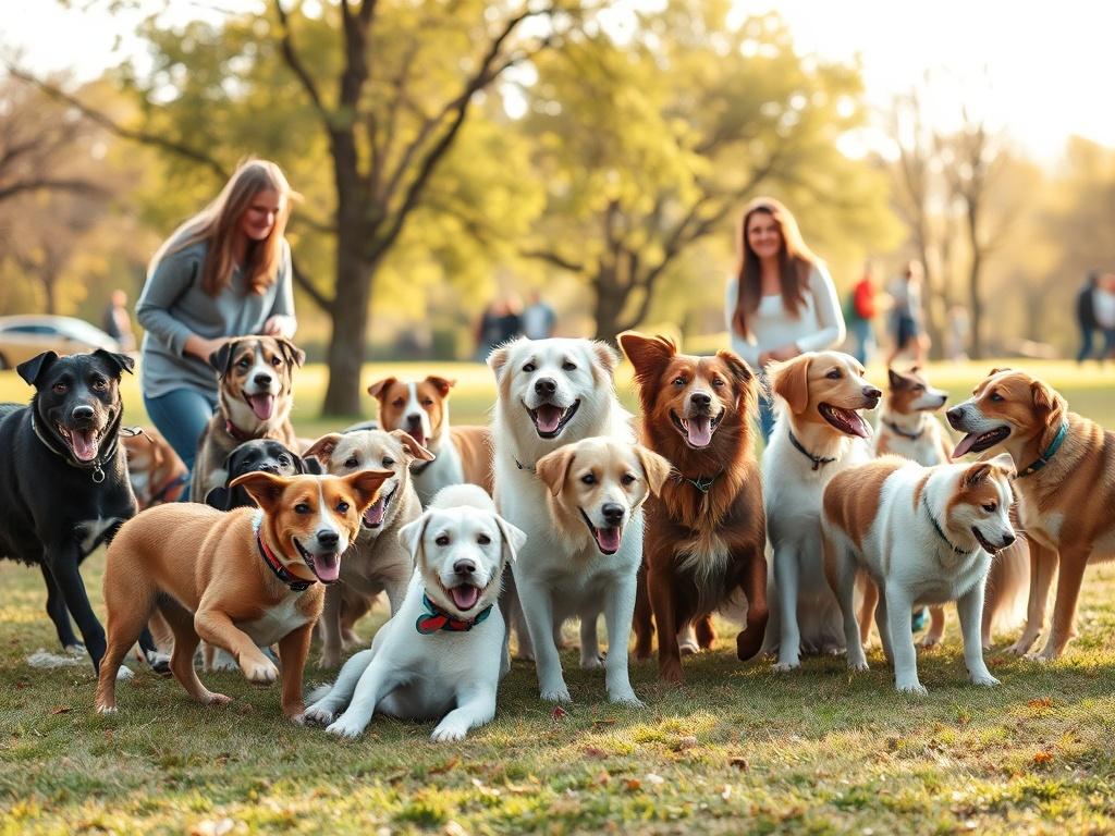 A diverse group of dogs playing together in a sunny park, with their owners smiling and interacting. The scene captures a joyful atmosphere, showcasing different breeds and sizes enjoying their time together.