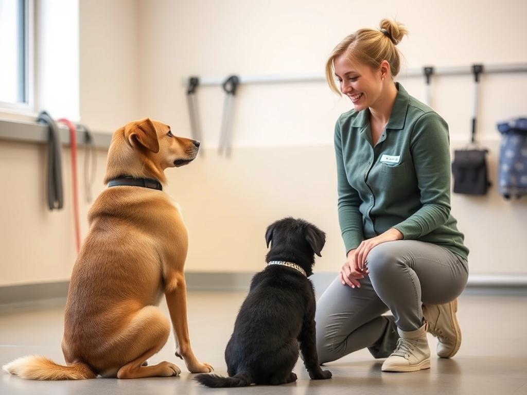 A trainer demonstrating the 'sit' command to an attentive dog in a bright training facility. The trainer is smiling, and the dog looks eager to learn, with a few training tools neatly arranged in the background.