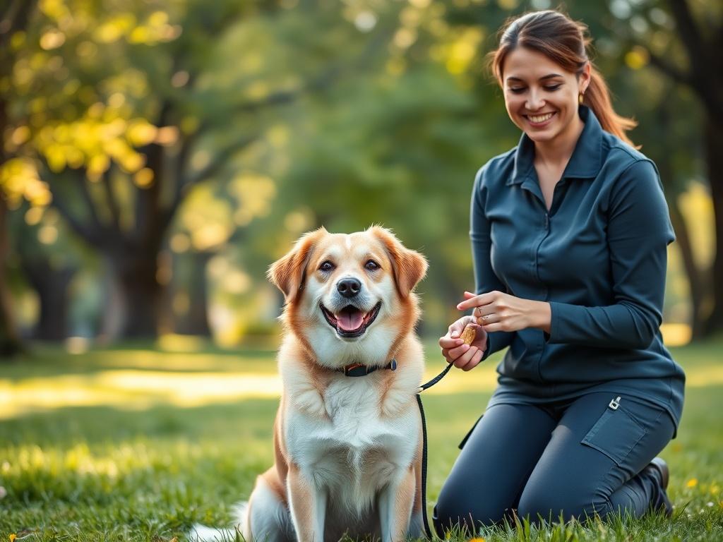 A calm and happy dog sitting beside a trainer in a lush green park, with the trainer smiling and holding a treat. The background features soft sunlight filtering through trees, creating a peaceful atmosphere.