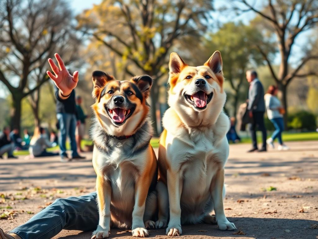 A well-behaved dog sitting next to its owner in a park, both looking happy and engaged. The owner is giving a hand signal, while the dog maintains focus. The background shows other people enjoying the park, trees, and a clear blue sky, creating an inviting and social environment.