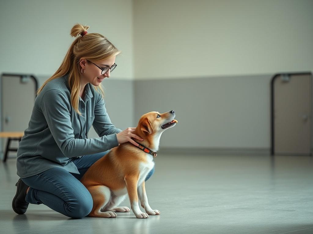 A trainer gently guiding a nervous dog in a calm environment, using a treat to encourage positive behavior. The scene captures a sense of trust and patience, with soft lighting and a serene backdrop of a quiet training space, creating an atmosphere of safety and support.