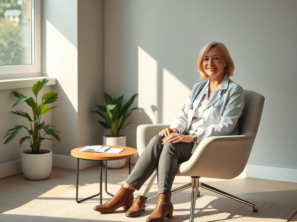 Create a realistic high-resolution image of a serene, inviting mental health clinic consultation room. The composition should be simple and clear, featuring one central subject: a warm, compassionate psychiatrist seated comfortably in a modern chair. The psychiatrist is a middle-aged woman, exuding professionalism and empathy, dressed in smart-casual attire. 

The background showcases a well-lit, cozy environment with soft, neutral colors. There should be a window allowing natural light to stream in, castin