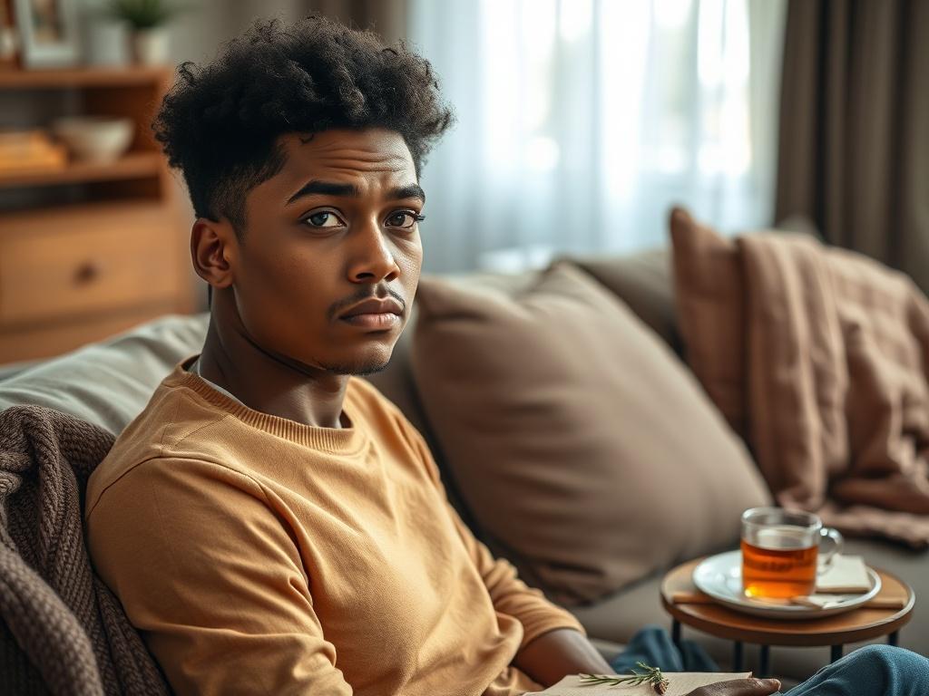 Create a realistic high-resolution photo featuring a close-up portrait of a diverse individual sitting on a comfortably furnished couch in a softly lit living room. The subject should be looking thoughtfully out of the frame, with a slight frown that conveys contemplation and introspection. They are dressed in casual clothing, suggesting comfort and approachability. 

In the background, include warm, soothing tones with soft pillows and a cozy throw blanket draped over the side of the couch, enhancing a sen