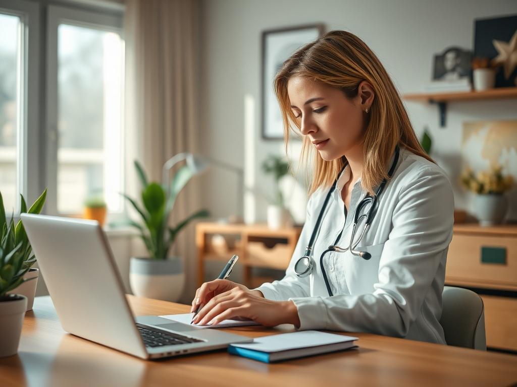 **AI Image Generation Prompt:**

Create a realistic high-resolution photo that visually represents the concept of "Psychiatric Medication Management Telehealth." The composition should be simple and clear, featuring a single subject: a mental health professional, a Caucasian woman in her 30s, seated at a modern desk in a cozy, well-lit home office. She is engaged in a telehealth session, looking attentively at a laptop screen while jotting down notes on a notepad. 

The background should include warm, invit