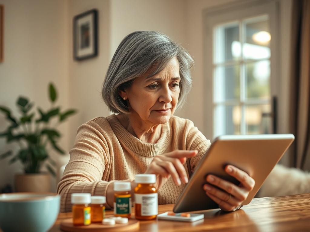 Create a realistic high-resolution photo that captures the essence of a telehealth medication management service. The image should feature a single subject, a middle-aged woman with a thoughtful expression. She should be seated at a cozy, well-lit home office desk, surrounded by warm, inviting colors that evoke a sense of calm and reassurance. 

The woman is reviewing her medication bottles and a digital tablet displaying a medication management app, highlighting clarity and organization. The background sho