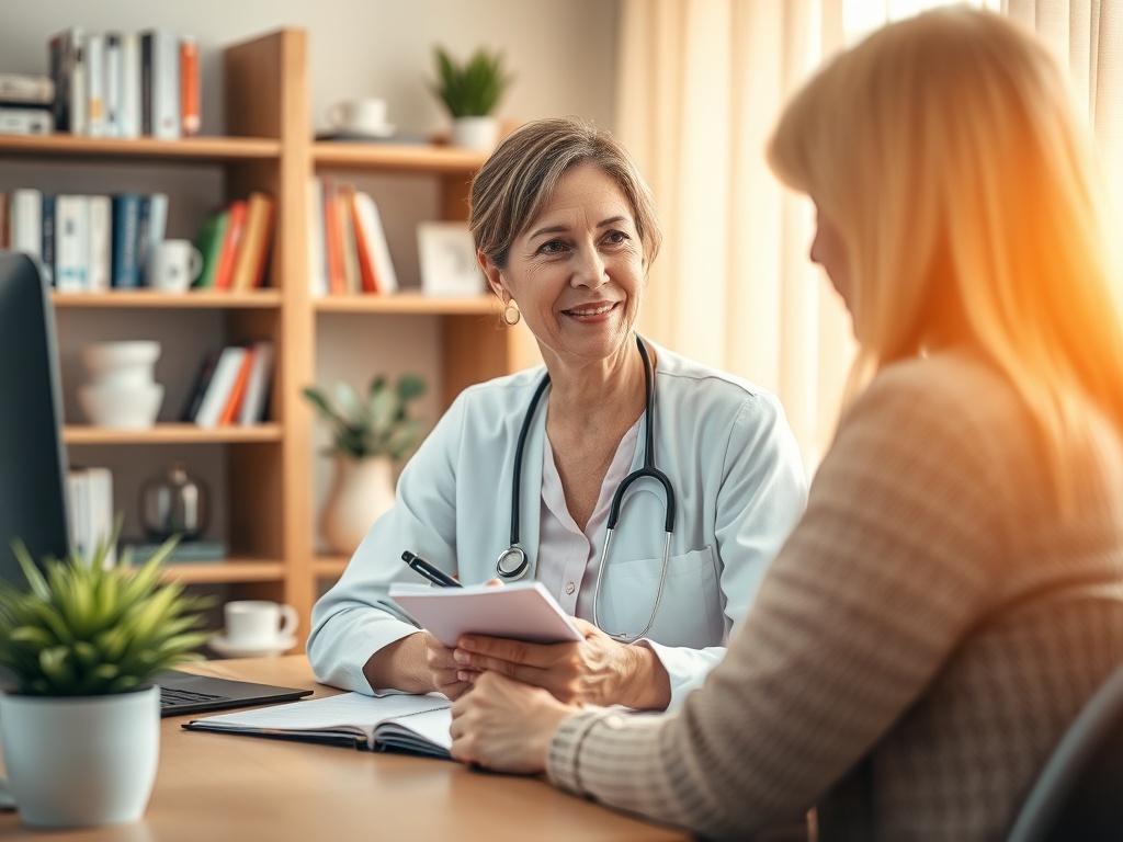 **Prompt for AI Image Generation:**

Create a realistic, high-resolution close-up photograph of a caring psychiatric medication management provider sitting at a well-lit desk in a warm, inviting office space. The provider, a middle-aged woman with warm features, is attentively listening to a patient (out of frame) while holding a notepad and pen, ready to note important details. The background should be softly blurred to maintain focus on the provider but include elements like a bookshelf filled with psycho