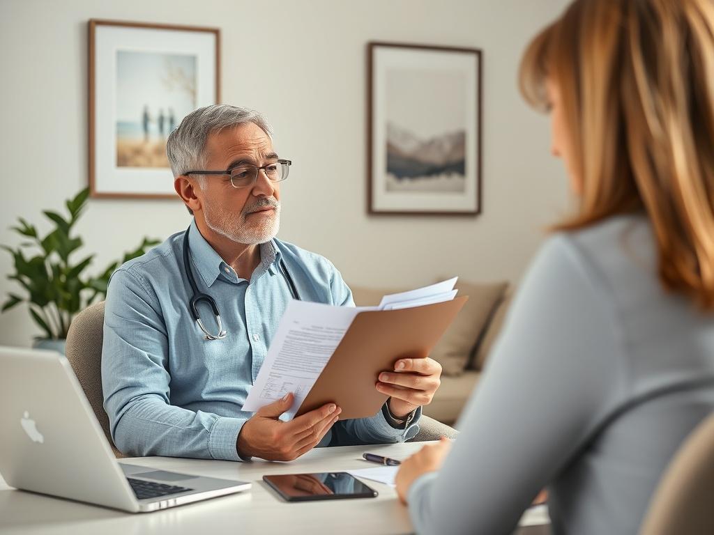 Create a highly realistic, high-resolution photo that embodies the essence of a synchronous medication management appointment. The image should feature a single subject: a psychiatrist seated at a comfortable, well-lit office desk engaging with a patient. The psychiatrist, a middle-aged individual with an empathetic expression, is dressed in professional yet approachable attire. They are reviewing medical history documents on a sleek clipboard while maintaining eye contact with the patient, showcasing the c