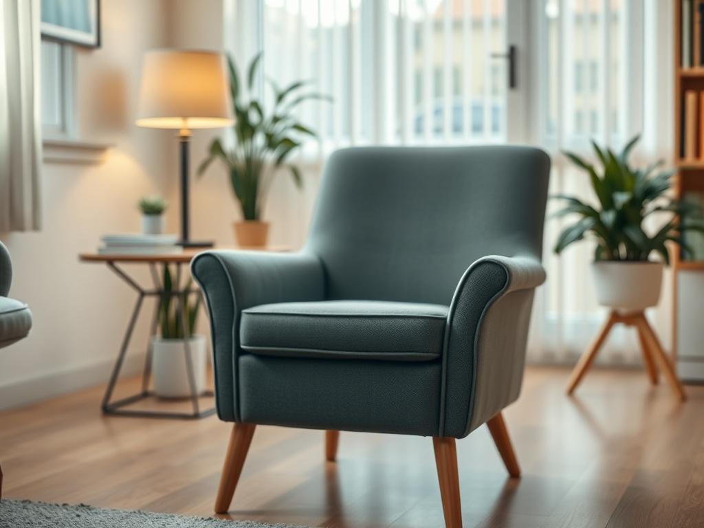A close-up shot of a serene, welcoming psychiatrist's office, featuring a comfortable chair and a warm, inviting ambiance. The background should be softly blurred to emphasize the chair as the main subject, with natural light streaming in to create a peaceful environment. The image should evoke feelings of tranquility and safety, shot with a 45mm f/1.2 lens to achieve a hyper-realistic effect.