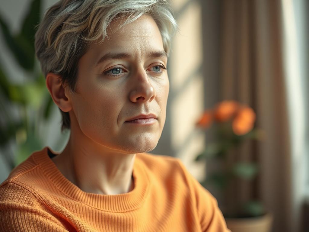 A close-up of a calm, thoughtful individual sitting in a serene environment, reflecting on their mental health journey. The subject is centered, with soft natural light illuminating their face, creating an atmosphere of peace and introspection. The background features soft blurred greenery or a tranquil indoor setting, emphasizing a sense of comfort and support. The color scheme incorporates shades of orange to align with the primary color, creating a warm and inviting tone.
