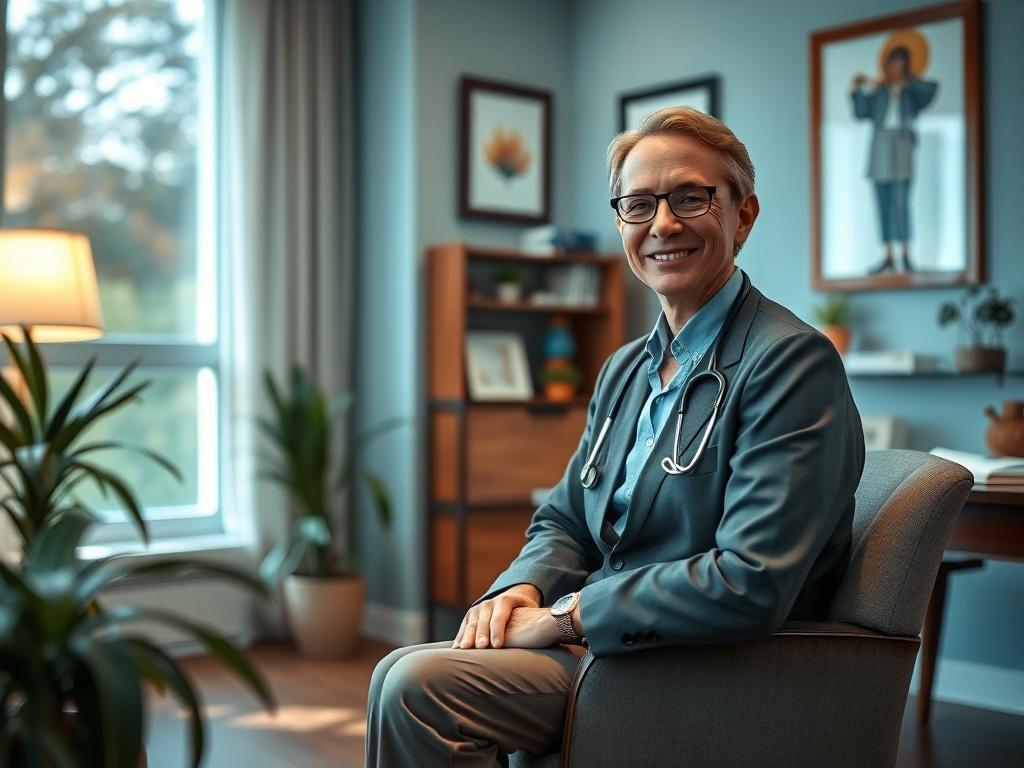 A close-up shot of a warm, inviting psychiatrist's office in Lake Oswego, featuring a comfortable chair, soothing decor, and a professional, empathetic psychiatrist smiling gently at the viewer. The setting should convey a sense of calm and safety, with soft natural light illuminating the space. The colors should harmonize with the primary color rgb(253, 116, 0), creating a welcoming atmosphere.