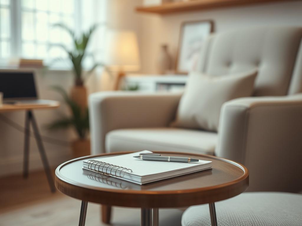 A close-up shot of a serene therapist's office, featuring a comfortable armchair, soft lighting, and calming decor. The focus is on a notepad and pen placed on a small side table, symbolizing the process of reflection and therapy. The background should be slightly blurred to emphasize the foreground elements, with a warm color palette matching rgb(253, 116, 0).