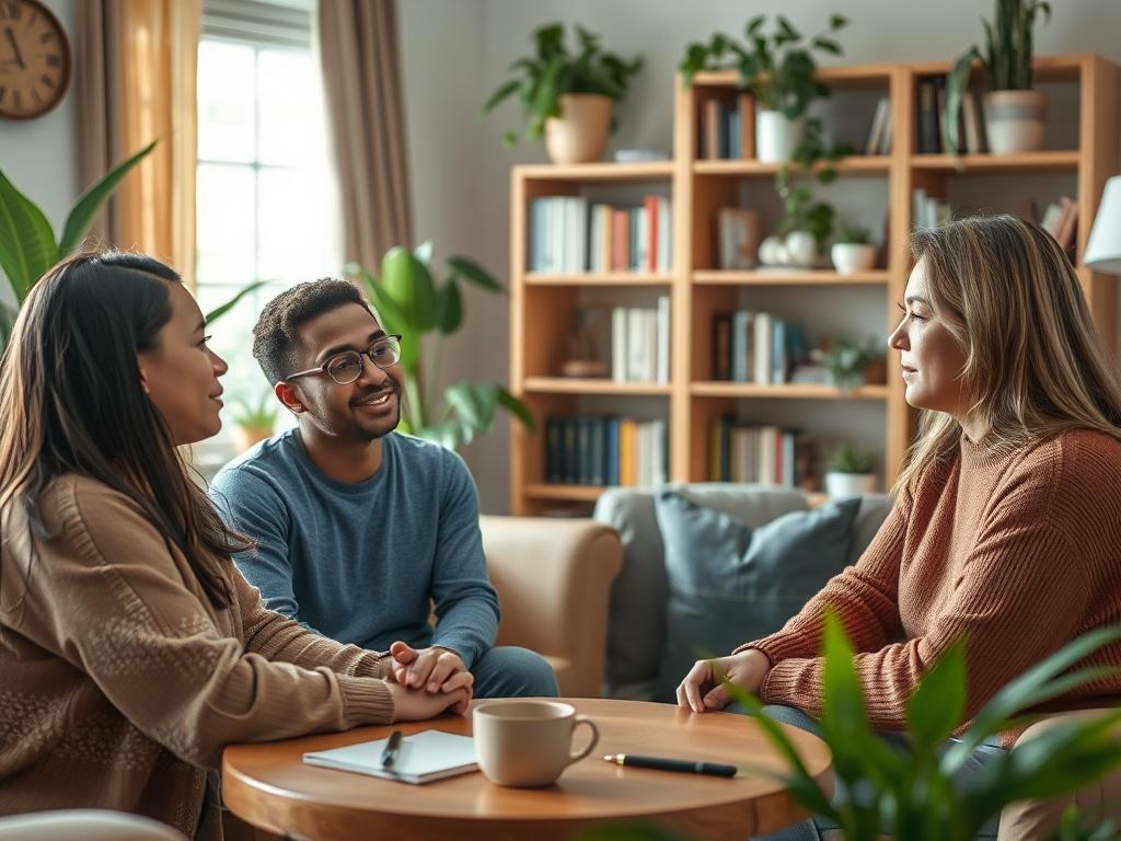 Create a hyper-realistic high-resolution image that visually conveys the theme "Understanding Mental Health Disorders." The composition should feature a single subject: a diverse group of three adults engaged in a conversation in a calm, inviting environment. 

1. **Subject Matter**: The individuals should represent different backgrounds and genders, promoting inclusivity. Their expressions should exhibit empathy and understanding, as they actively listen and support one another in discussing mental health.