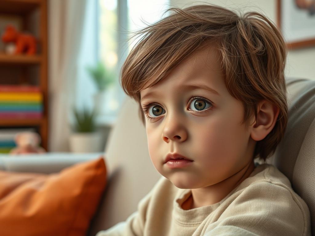 **AI Image Generation Prompt:**

Create a high-resolution, hyper-realistic close-up photograph focused on a young child around the age of 8, with an expression that reflects a blend of curiosity and concern. The child should be seated on a cozy, inviting sofa in a well-lit living room that suggests a warm, comforting environment. Use natural light coming from a nearby window to softly illuminate the child’s face, highlighting their expressive features. 

In the background, include gentle hints of everyday f