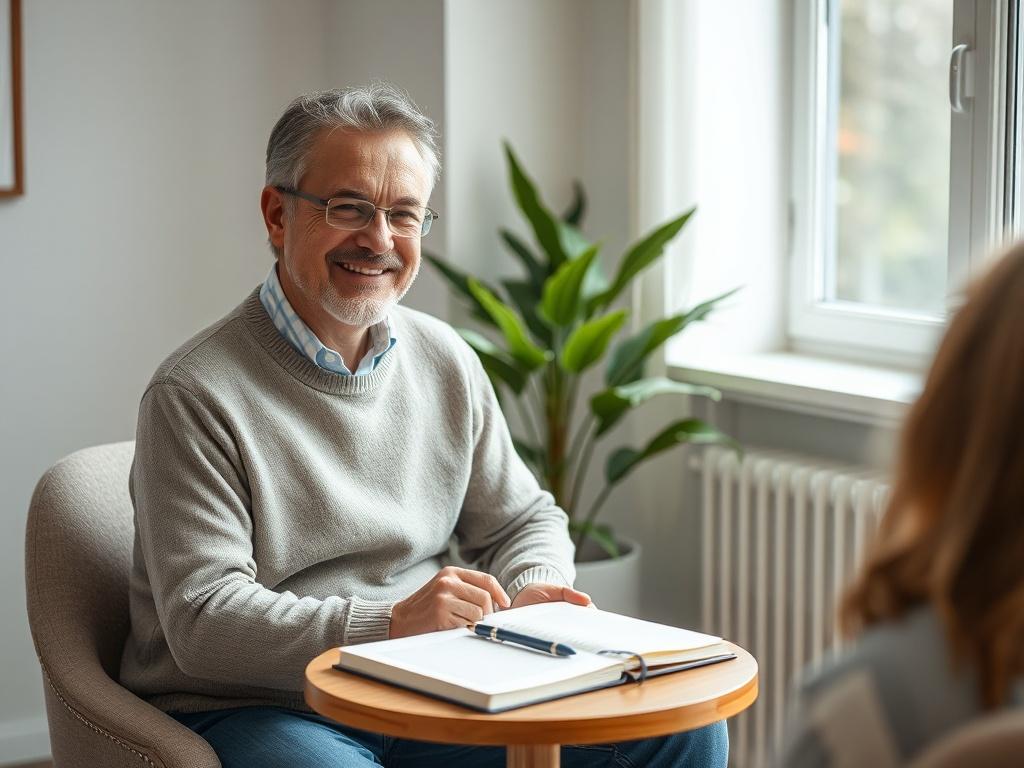 **AI Image Generation Prompt:**

Create a realistic high-resolution photo focused on the theme of mental wellness. The composition should be simple and clear, featuring a single subject—a compassionate mental health professional, a psychiatrist, sitting in a cozy, well-lit office. The doctor, a middle-aged individual with a warm smile, is conversing with a client across a small, round table. 

The professional wears a casual, yet professional outfit—such as a soft sweater and jeans—creating an inviting atmo