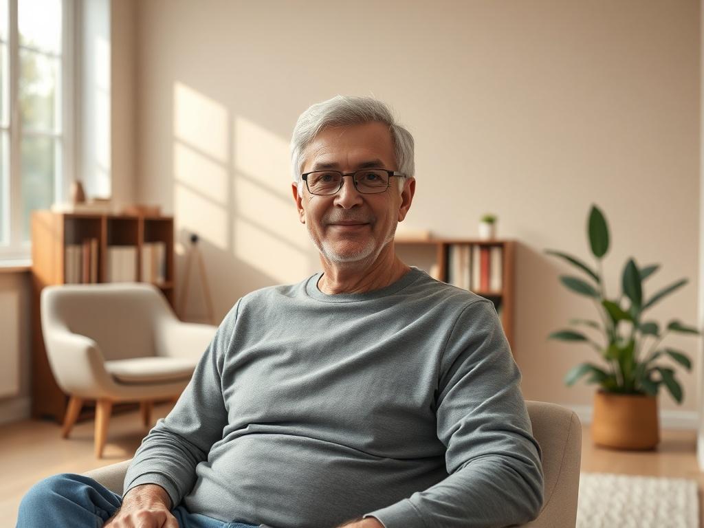 Create a highly detailed, realistic high-resolution photo illustrating the concept of therapeutic support. The main subject should be a middle-aged adult sitting comfortably in a modern therapy office. They should have an engaged, open expression, conveying a sense of connection and receptiveness. The individual should be positioned centrally, with their body slightly angled toward the viewer, inviting a sense of approachability.

The background should feature a warm and inviting therapy room with soft, neu