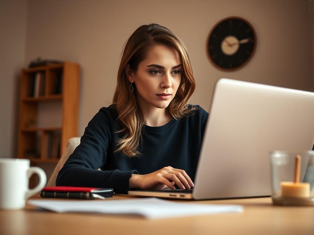 A close-up shot of a lady sitting at a laptop, focused and engaged in her work. The background is simple and uncluttered, emphasizing her concentration. The lighting is warm and inviting, highlighting her features and the laptop screen. The setting suggests a cozy yet professional environment, perfect for mental health work. The image is rendered in hyper-realistic style, with a depth of field that softly blurs the background, making the subject the clear focal point.
