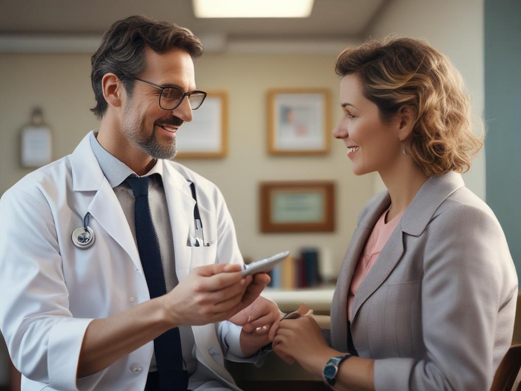 Create a realistic high-resolution close-up photo of a compassionate psychiatrist in a well-lit, professional setting that subtly integrates elements symbolizing holistic wellness. The subject is a mid-30s to early-40s person, dressed in smart casual attire with a white coat draped over the shoulders, facing forward with a calm and empathetic expression, captured with a 45mm f/1.2 lens style to achieve soft background bokeh and sharp facial detail. The background is softly blurred but includes a warm-toned,