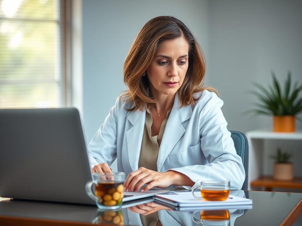 Create a highly detailed, realistic high-resolution photo that captures the essence of a blog titled "Common Questions About Psychiatric Medication Management—Answered." The composition should be simple and clear, featuring a single subject: a thoughtful psychiatrist sitting at a desk, intently reviewing a patient’s medication chart. The psychiatrist is a middle-aged Caucasian woman with shoulder-length brown hair, wearing a white lab coat over a comfortable, light-colored blouse. 

Her facial expression sh