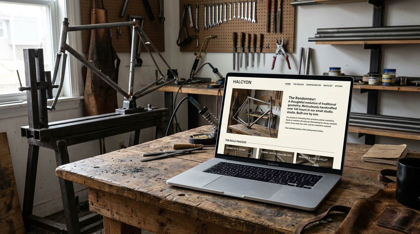 Laptop on a workbench in a frame-building workshop displaying the cream Halcyon Cycles website, with a steel bicycle frame in a jig behind it