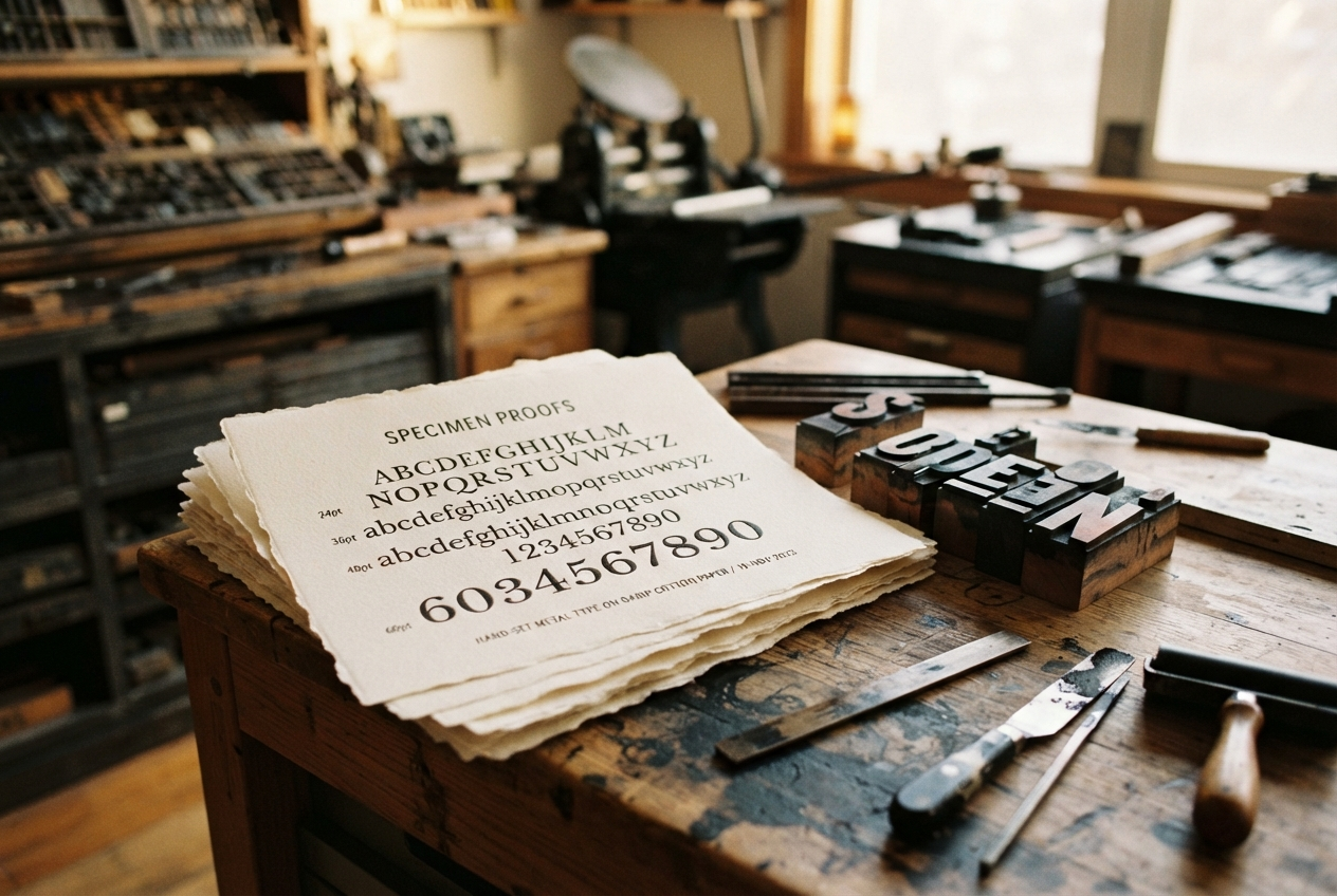 Letterpress type specimen proofs stacked beside wood type blocks in a print studio