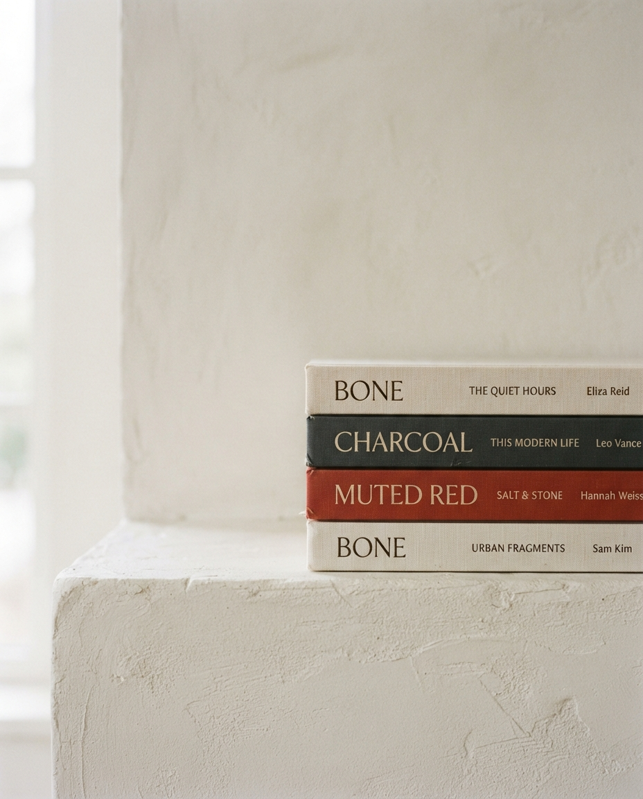 Stack of hardcover books with typographic spines in bone, charcoal, and muted red on a plaster surface
