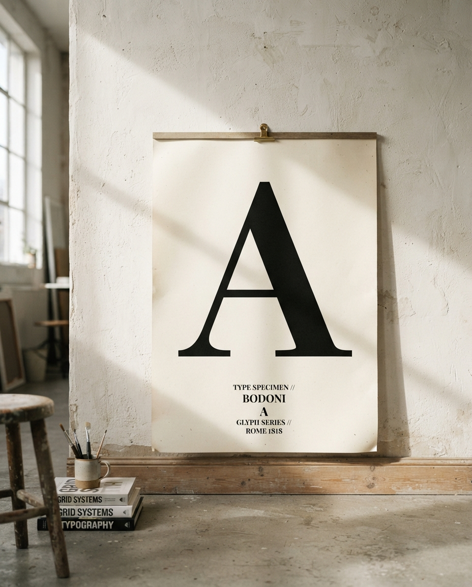 Oversized letterform specimen poster with a giant black serif glyph leaning on a plaster wall