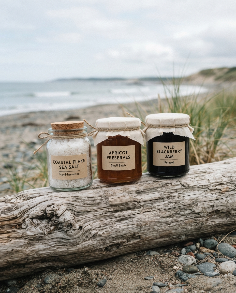 Glass jars of sea salt and preserves with kraft-and-cream labels arranged on driftwood