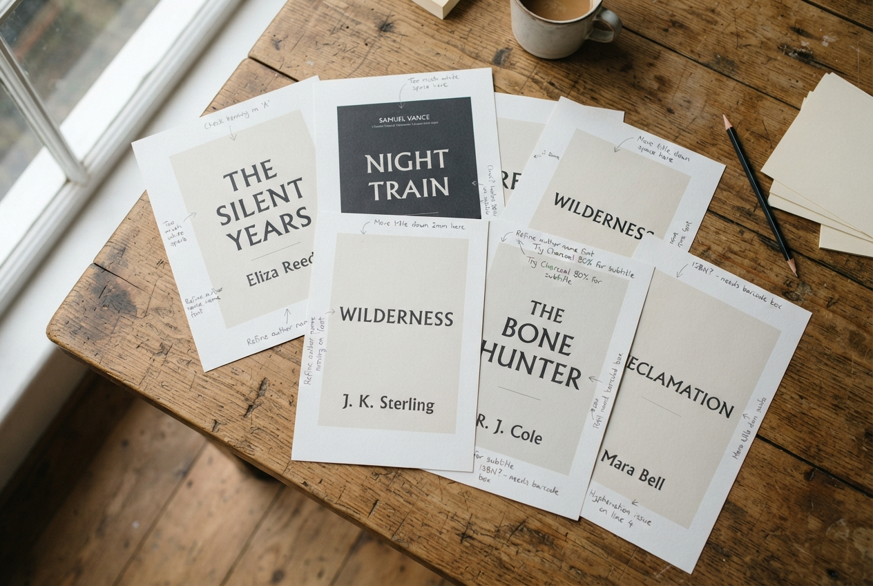 Book cover proofs fanned out on a wooden table with pencil annotations