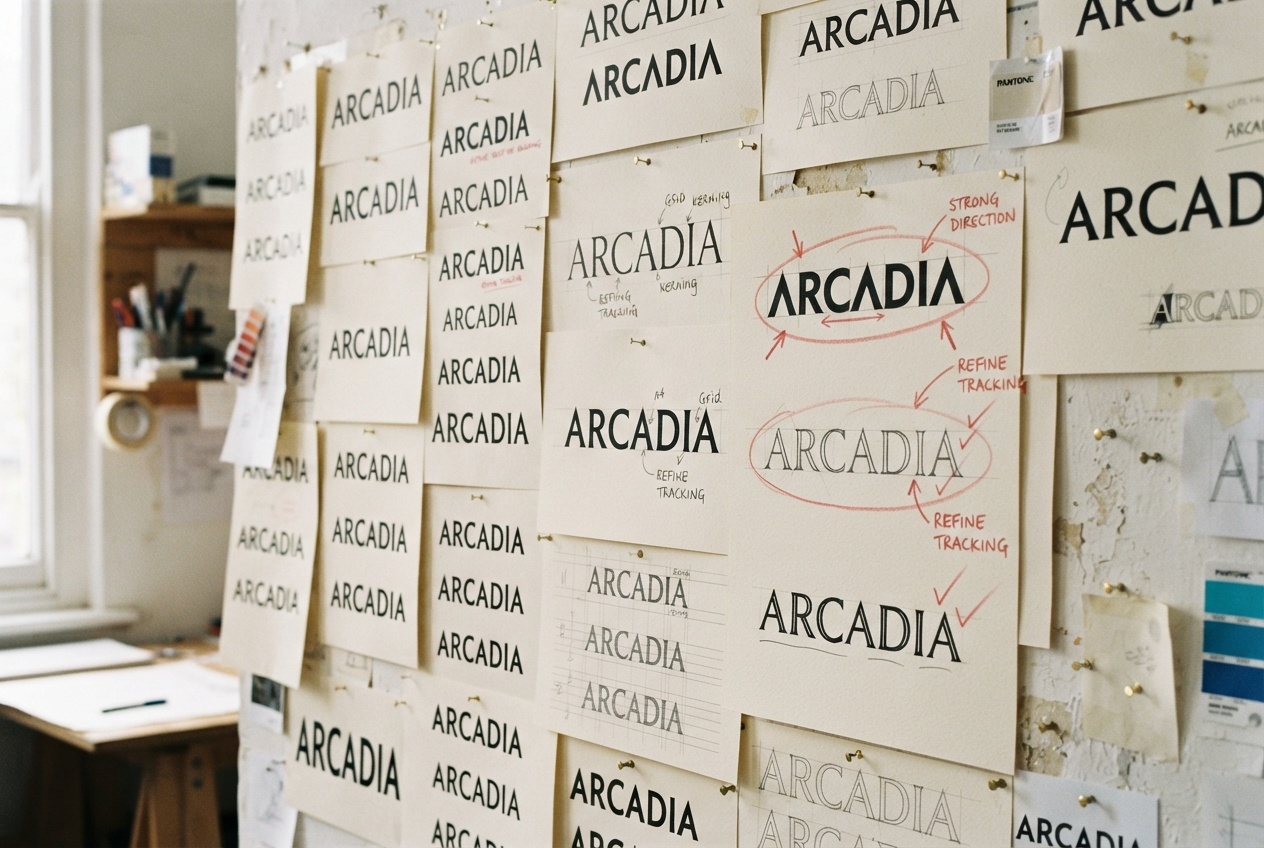 Printed wordmark variations and grid drawings pinned to a studio wall with red pencil marks