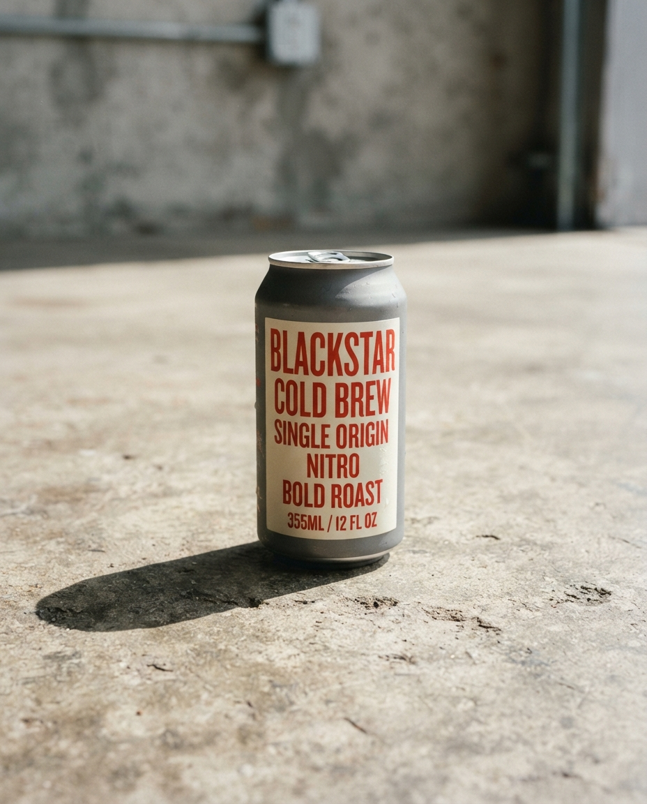 Matte aluminum cold brew can with bold condensed cream-and-vermilion label on raw concrete