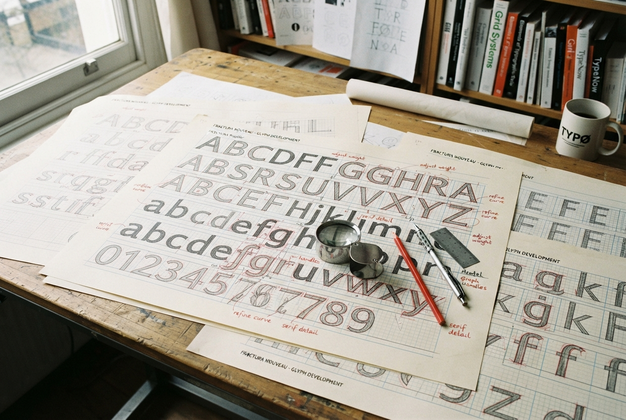Printed glyph sheets with construction lines and bezier annotations on a drafting table