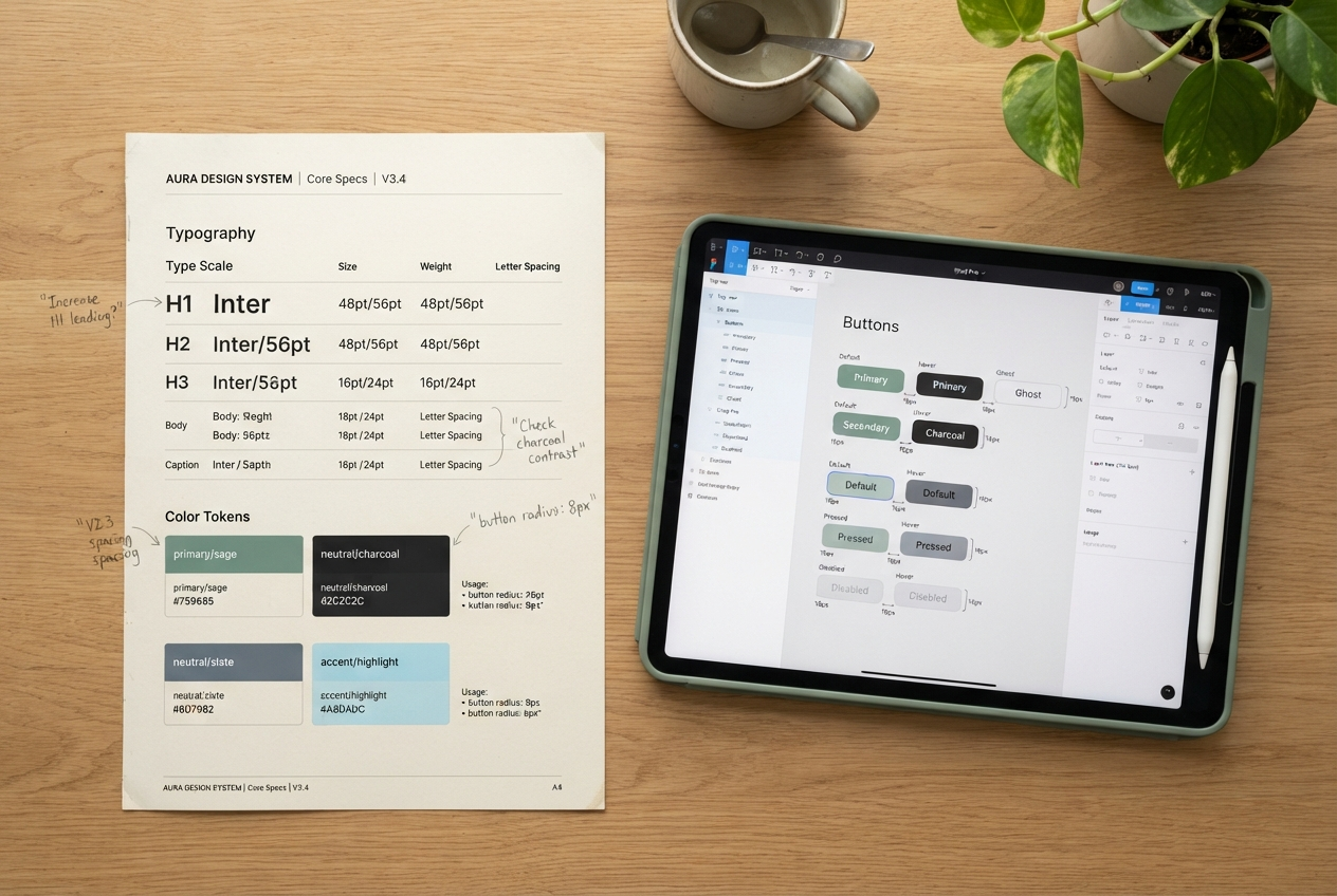 Type scale and color token spec sheets beside a tablet showing a sage-and-charcoal component library