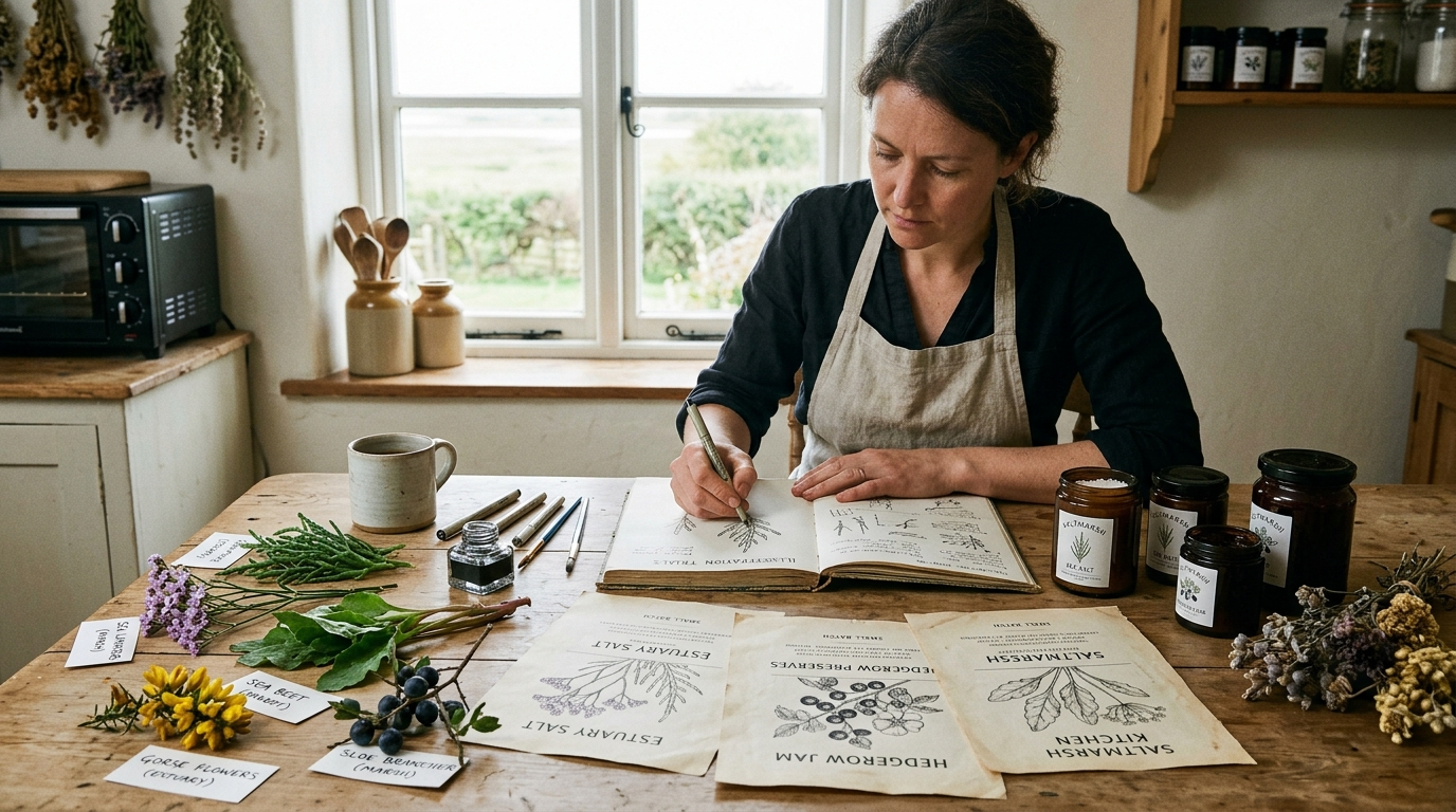 Illustrator drawing botanical specimens in a farmhouse kitchen, surrounded by gathered plants, ink pens, and printed botanical plates