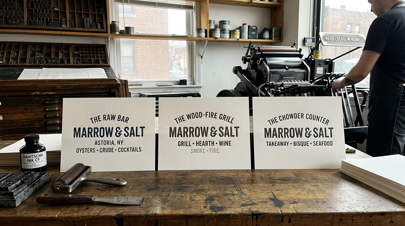Three letterpress-printed Marrow & Salt proofs for the raw bar, wood-fire grill, and chowder counter lined up on a print shop workbench