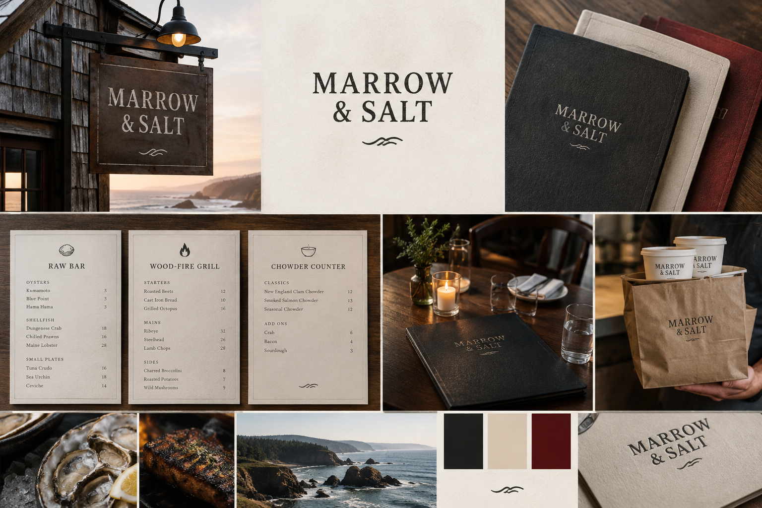Marrow & Salt identity collage: weathered exterior signage, serif wordmark, debossed menu covers, three-venue menu system, and coastal brand photography