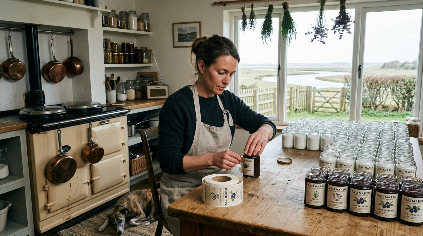 Maker applying cream labels to preserve jars by hand at a farmhouse kitchen table, with rows of jars and the saltmarsh visible through the window