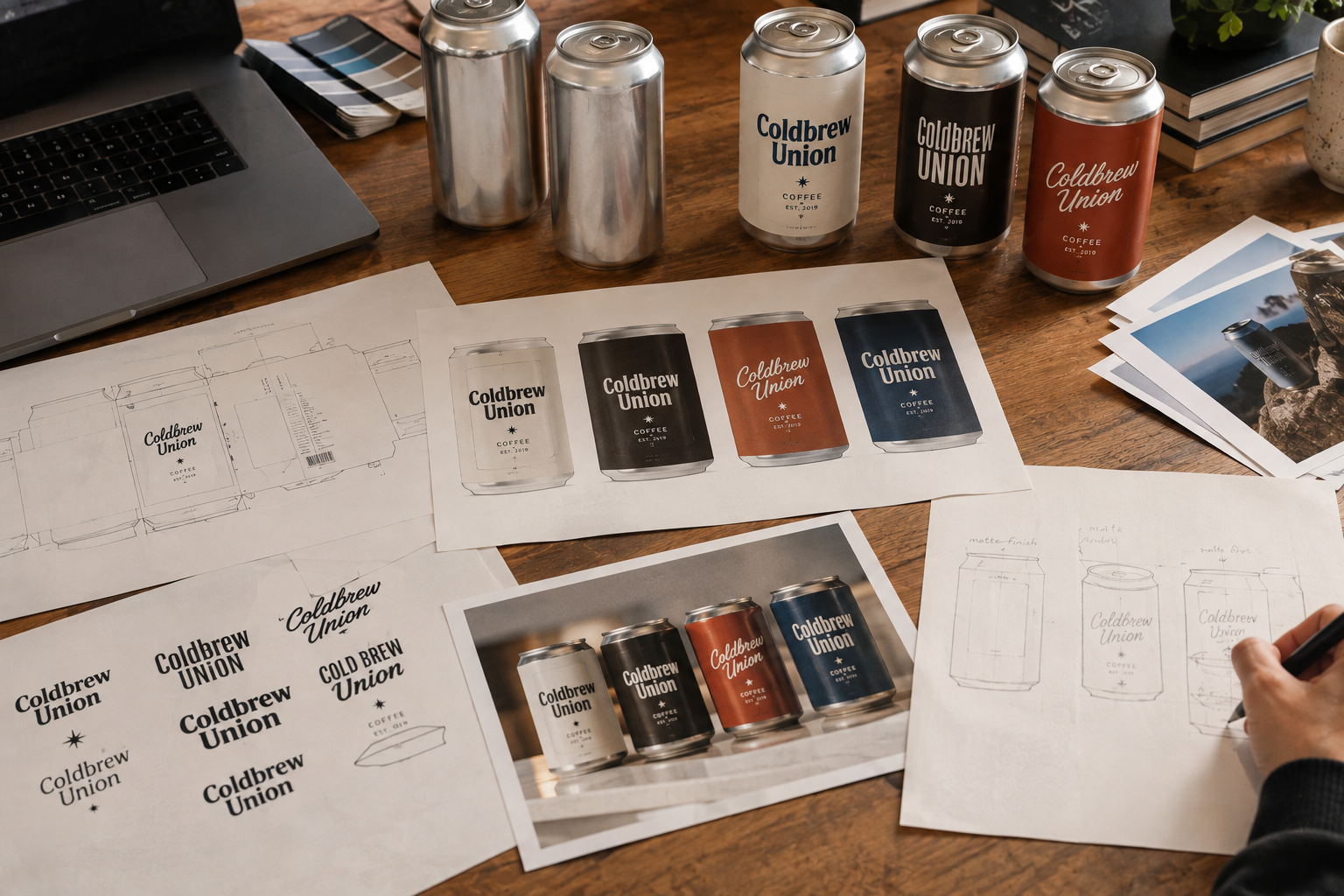 Coldbrew Union can mockups, dieline drawings, and wordmark type trials spread across a wooden studio desk