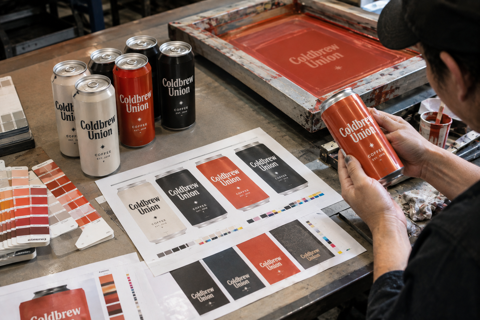 Printer inspecting a vermilion Coldbrew Union can beside a screen-printing frame, color proof sheets, and swatch books