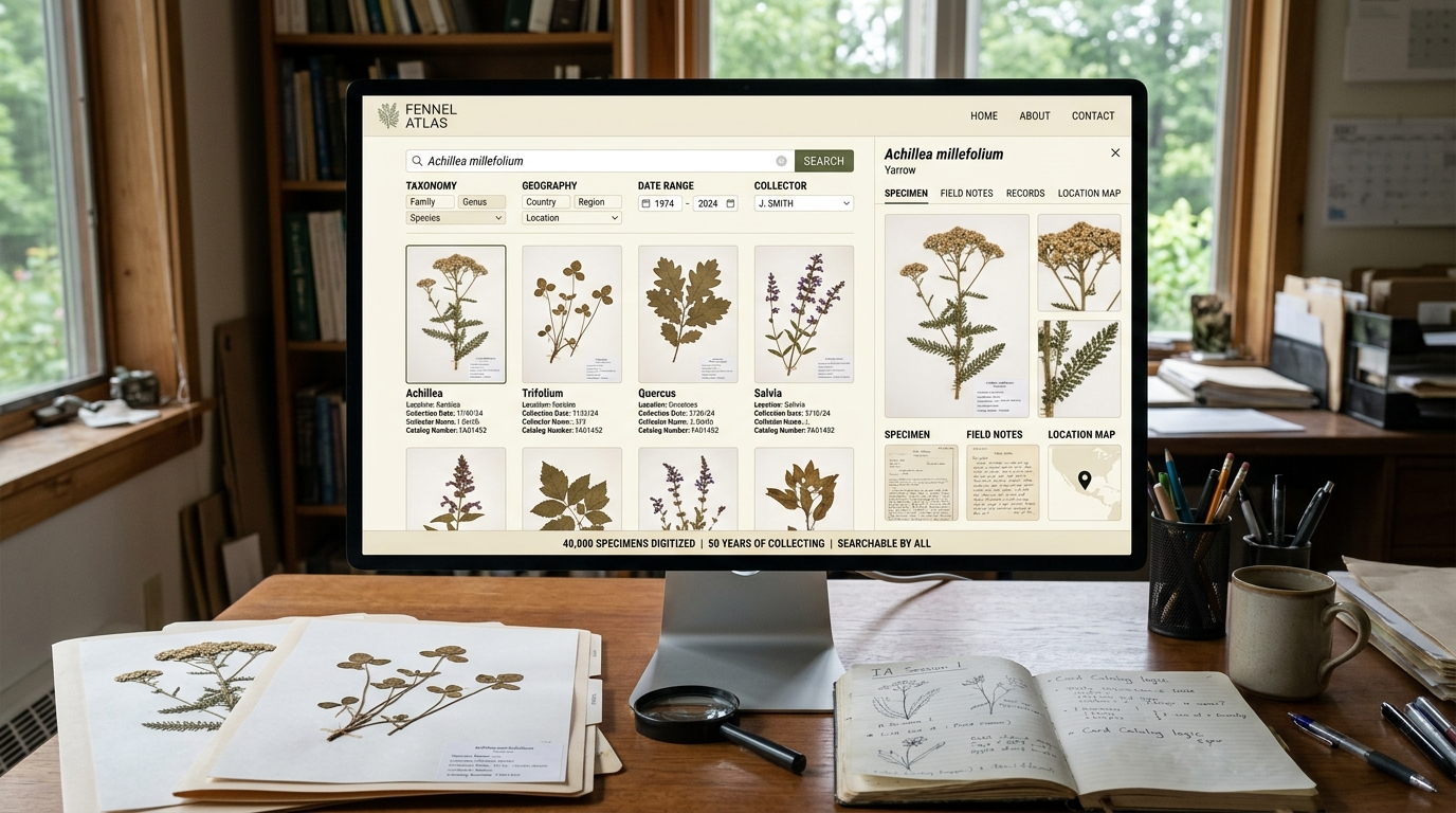 Desktop monitor in a study displaying the Fennel Atlas specimen browser with filterable botanical records, surrounded by pressed herbarium sheets and field notebooks