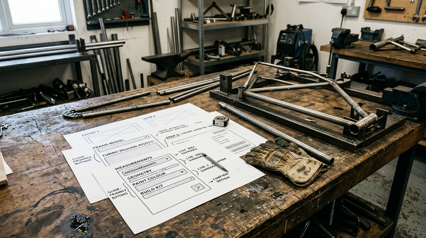 Printed configurator wireframes and work gloves on a frame-building bench, with a steel bicycle frame in a jig behind them