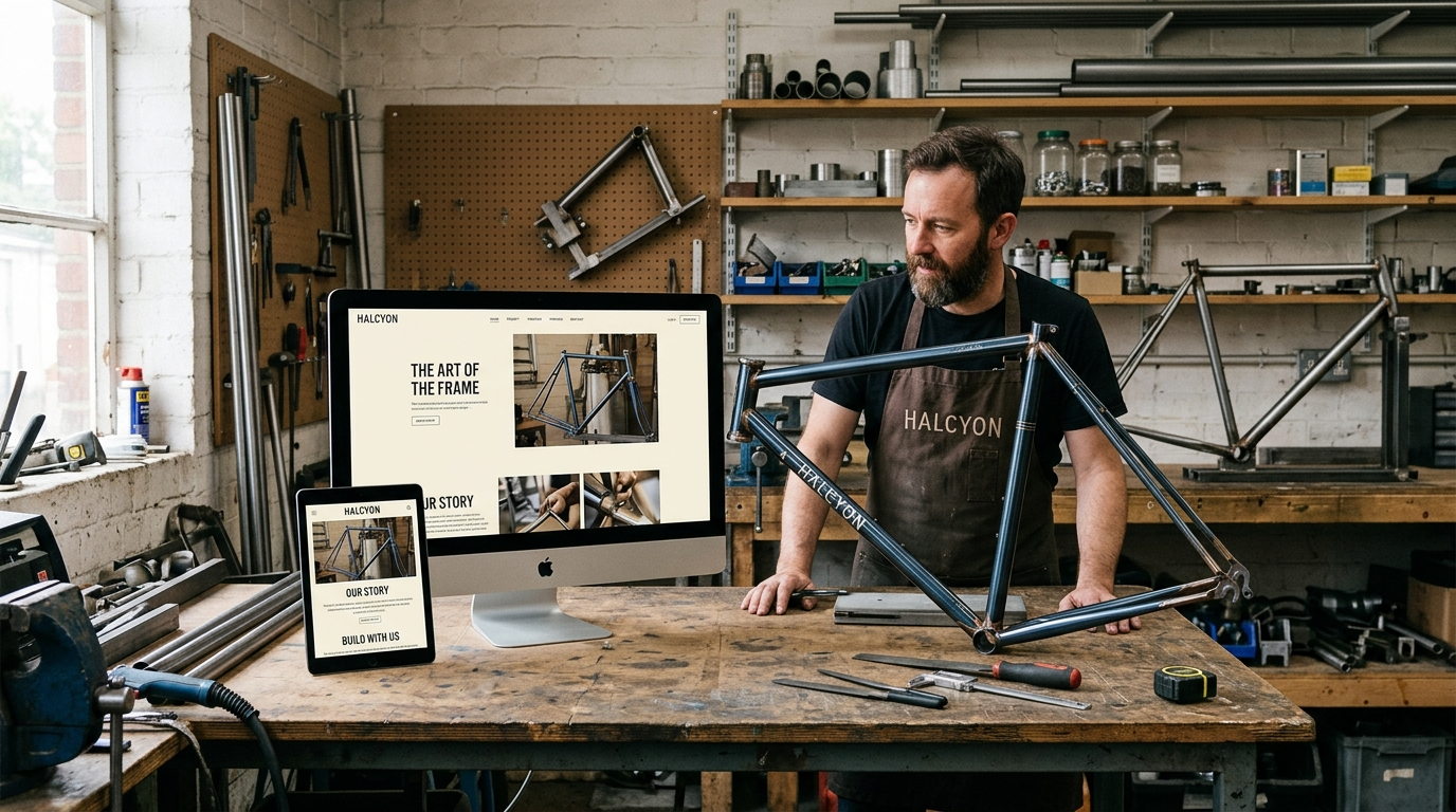 Builder reviewing the Halcyon Cycles site on desktop, tablet, and phone beside a steel frameset in the workshop