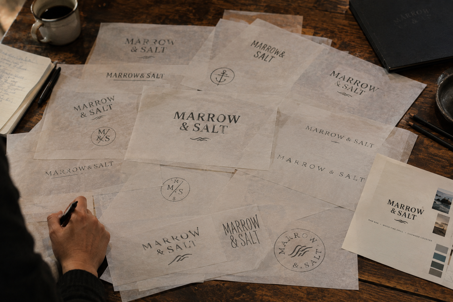 Dozens of hand-drawn Marrow & Salt wordmark routes spread across tracing paper on a wooden desk, with a designer's hand sketching in the corner