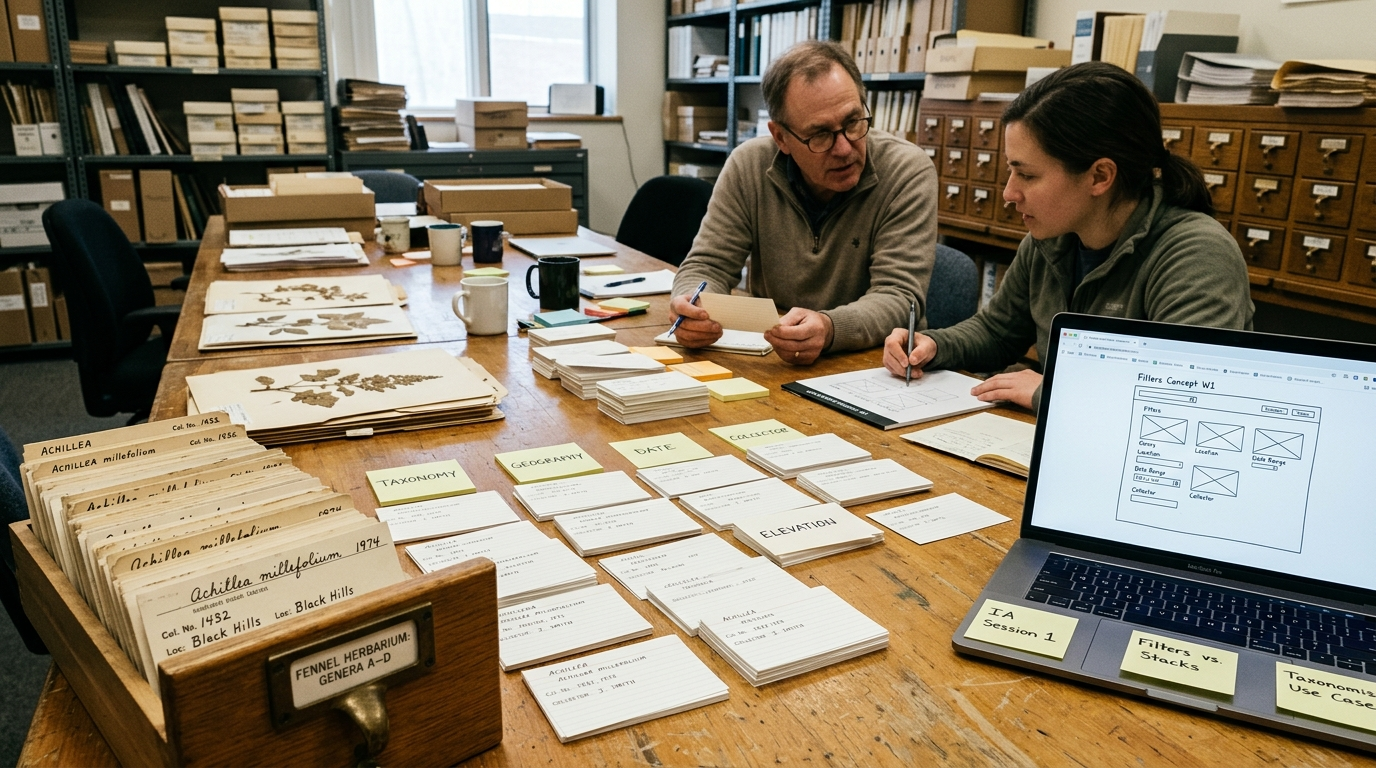 Two researchers sorting index cards and wireframe printouts across a library desk, with card-catalog drawers and pressed specimens around them
